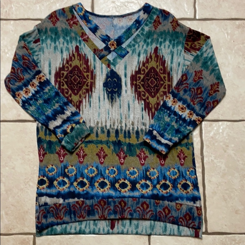 Aztec print top with cross cross neckline